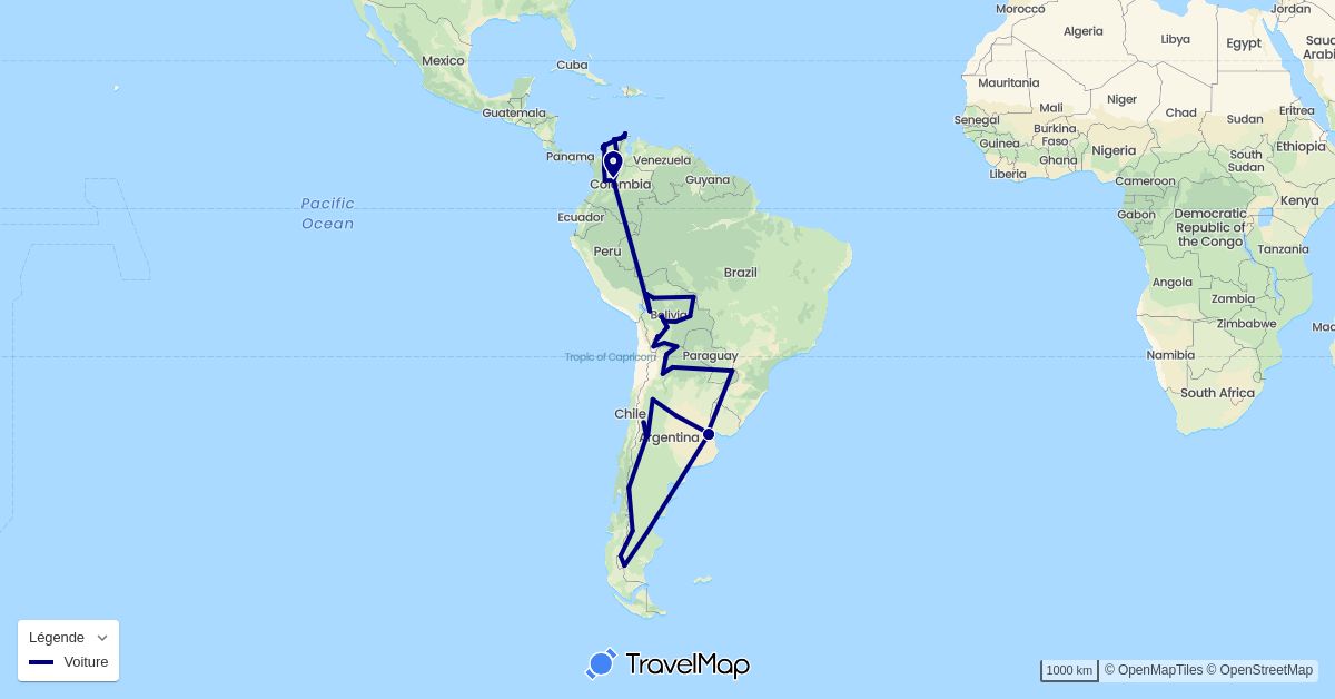 TravelMap itinerary: driving in Argentina, Bolivia, Colombia (South America)